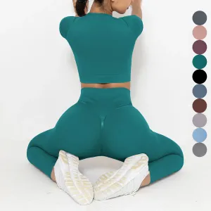2-Piece Summer Seamless Yoga Set for Women - Short Sleeve Crop Top and High Waist Booty Leggings