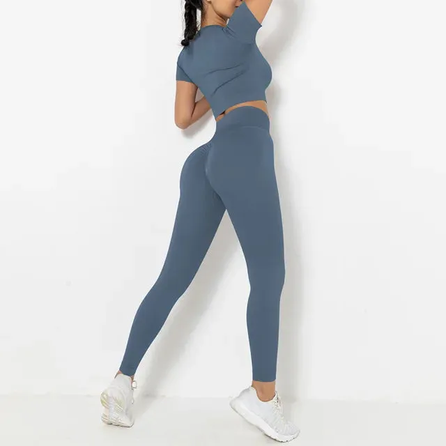 2-Piece Summer Seamless Yoga Set for Women - Short Sleeve Crop Top and High Waist Booty Leggings