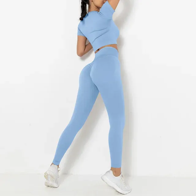 2-Piece Summer Seamless Yoga Set for Women - Short Sleeve Crop Top and High Waist Booty Leggings