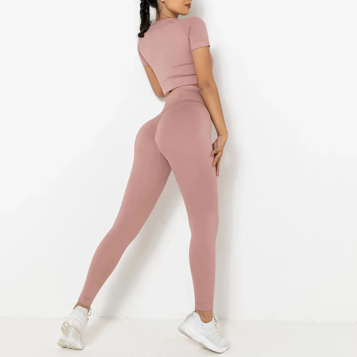2-Piece Summer Seamless Yoga Set for Women - Short Sleeve Crop Top and High Waist Booty Leggings