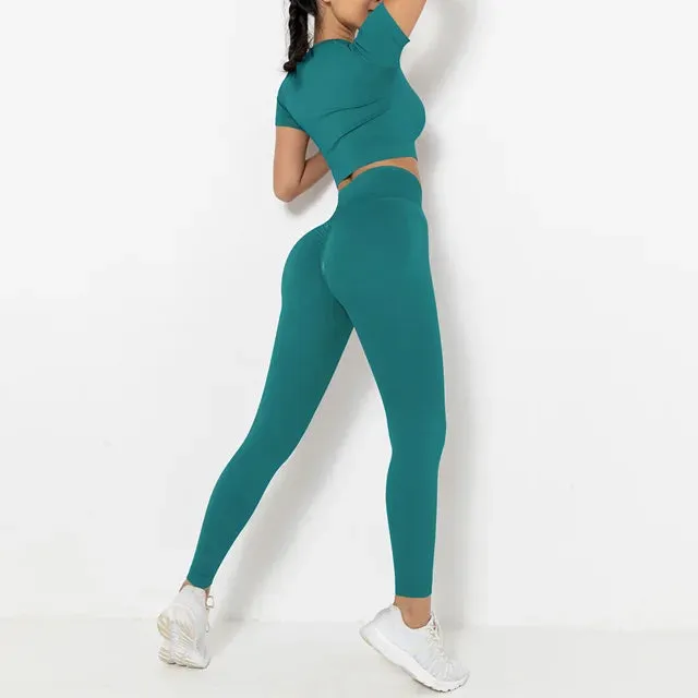 2-Piece Summer Seamless Yoga Set for Women - Short Sleeve Crop Top and High Waist Booty Leggings