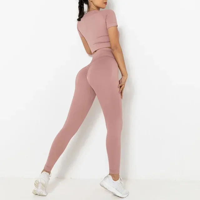 2-Piece Summer Seamless Yoga Set for Women - Short Sleeve Crop Top and High Waist Booty Leggings