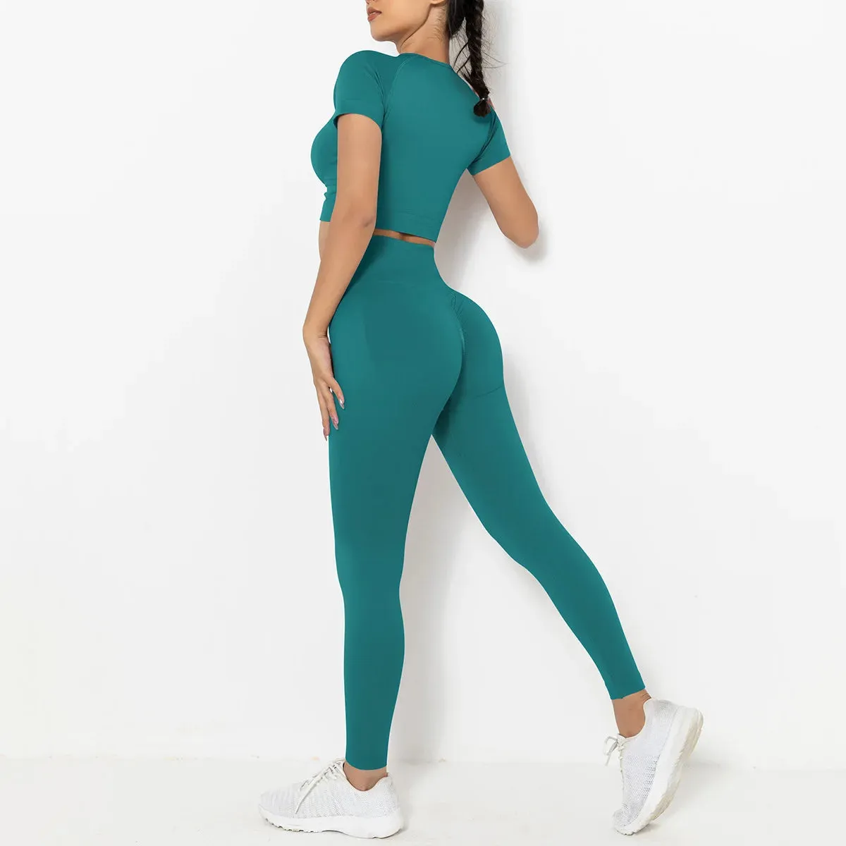 2-Piece Summer Seamless Yoga Set for Women - Short Sleeve Crop Top and High Waist Booty Leggings