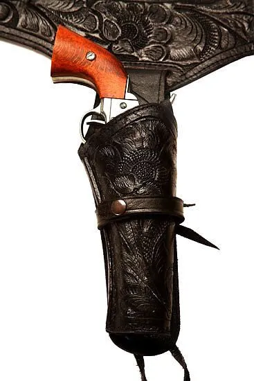 44/45 Caliber Black Western/Cowboy Hollywood Style Hand Tooled Gun Holster and Belt
