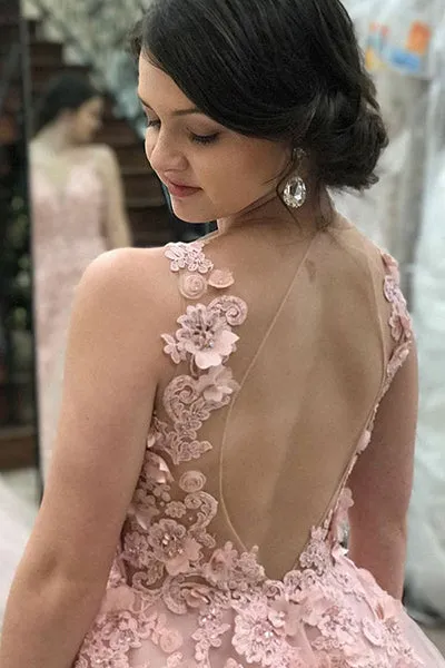 A-Line Deep V-Neck Sweep Train Pink Tulle Open Back Prom Dress with Appliques L028