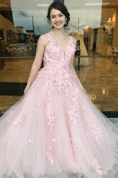 A-Line Deep V-Neck Sweep Train Pink Tulle Open Back Prom Dress with Appliques L028