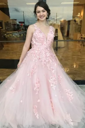 A-Line Deep V-Neck Sweep Train Pink Tulle Open Back Prom Dress with Appliques L028