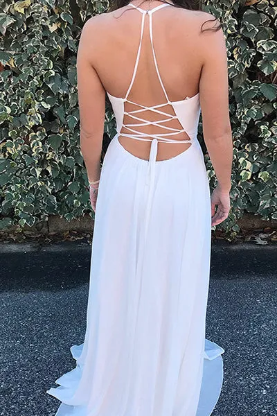 A-Line Deep V-Neck Sweep Train Split Criss-Cross Straps White Chiffon Embroidery Prom Dress C017