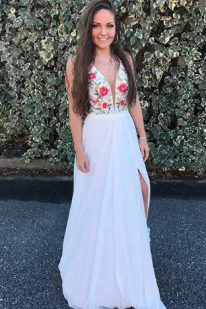 A-Line Deep V-Neck Sweep Train Split Criss-Cross Straps White Chiffon Embroidery Prom Dress C017