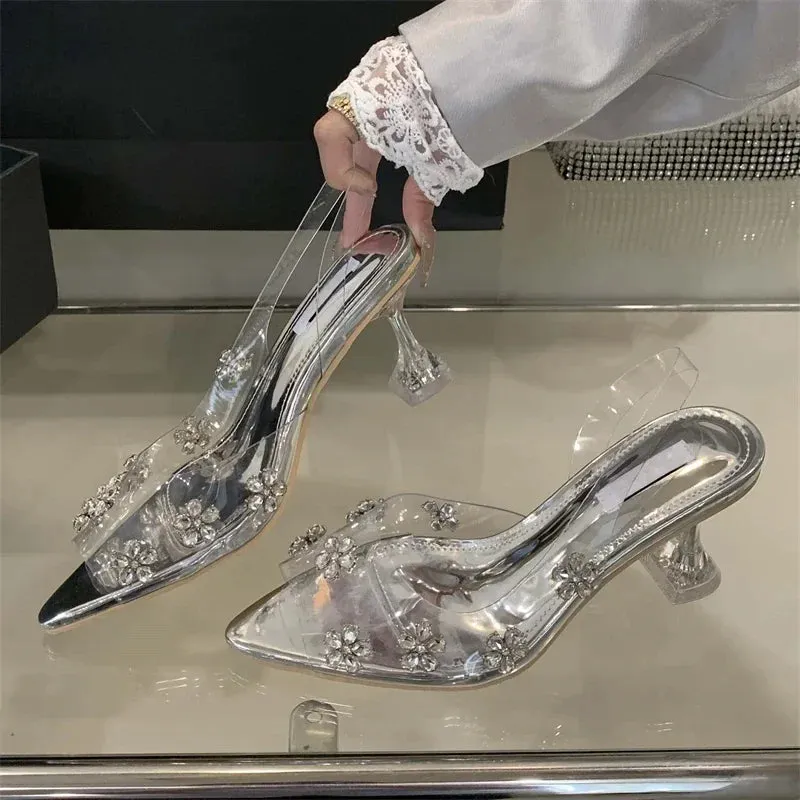 ADVBRIDGE  -  Sexy PVC Transparent Crystal Diamond Flower Woman Pumps Elegant Slingbacks Pointed Toe High Heels Party Shoes