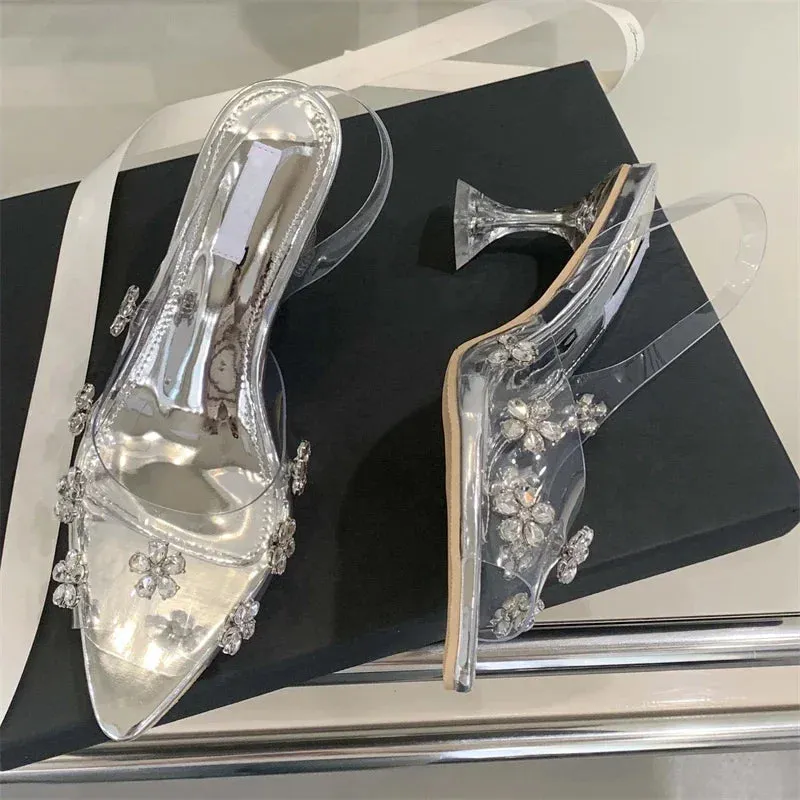 ADVBRIDGE  -  Sexy PVC Transparent Crystal Diamond Flower Woman Pumps Elegant Slingbacks Pointed Toe High Heels Party Shoes