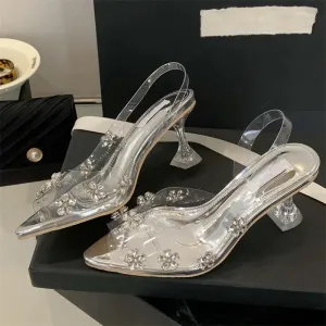 ADVBRIDGE  -  Sexy PVC Transparent Crystal Diamond Flower Woman Pumps Elegant Slingbacks Pointed Toe High Heels Party Shoes