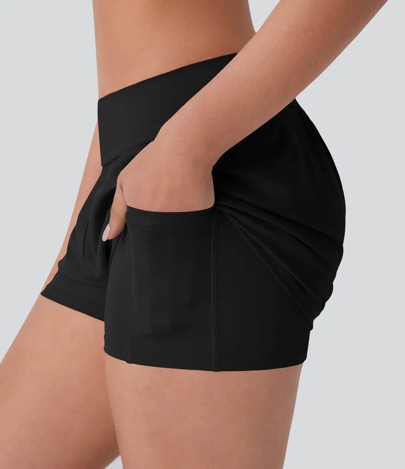 Airy Low-Rise 2-in-1 Yoga Shorts – Inside Drawstring, Back & Hidden Side Pocket
