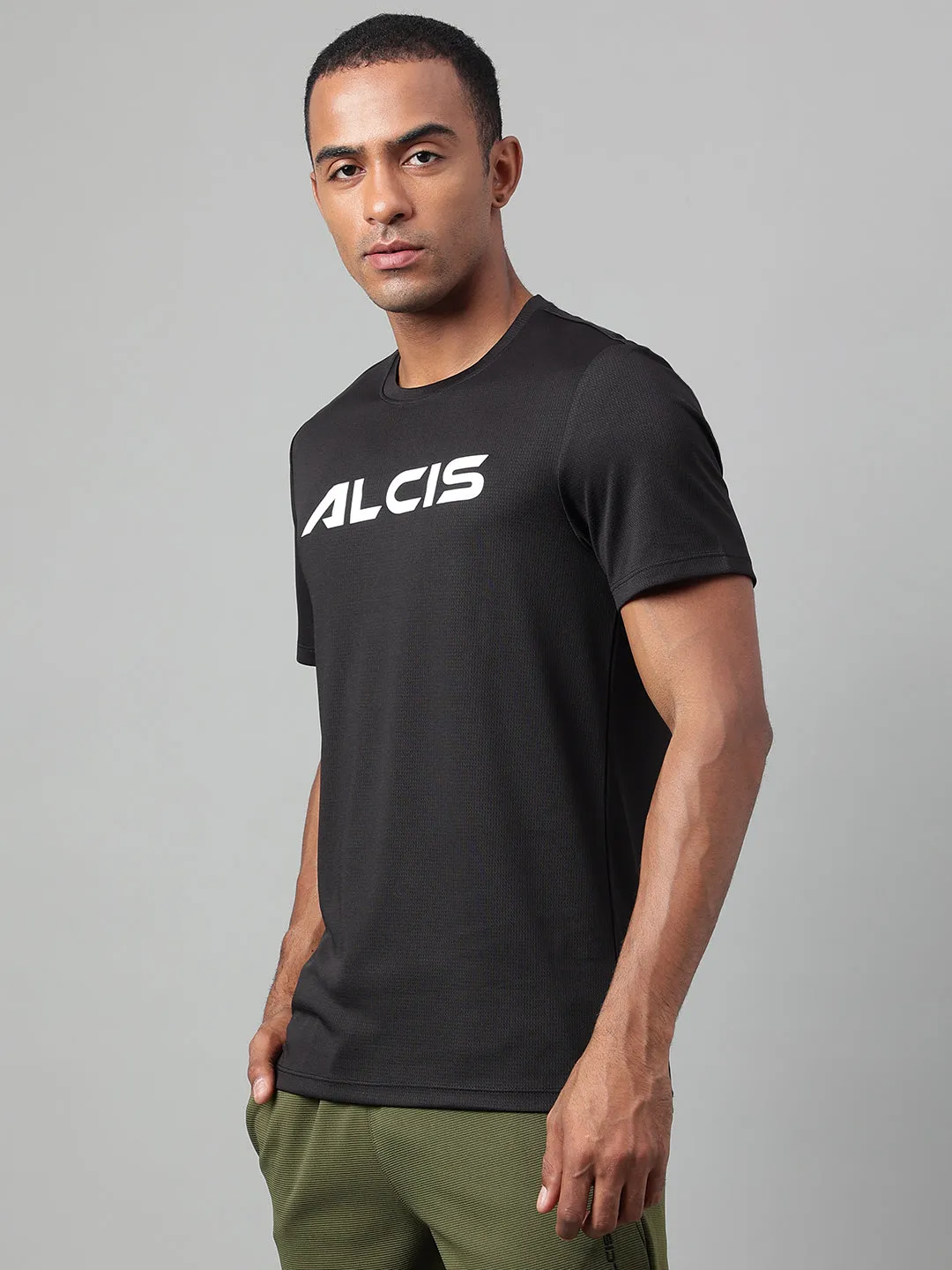 Alcis Men's Printed Black Anti-Static Drytech  Slim-Fit Training Tee