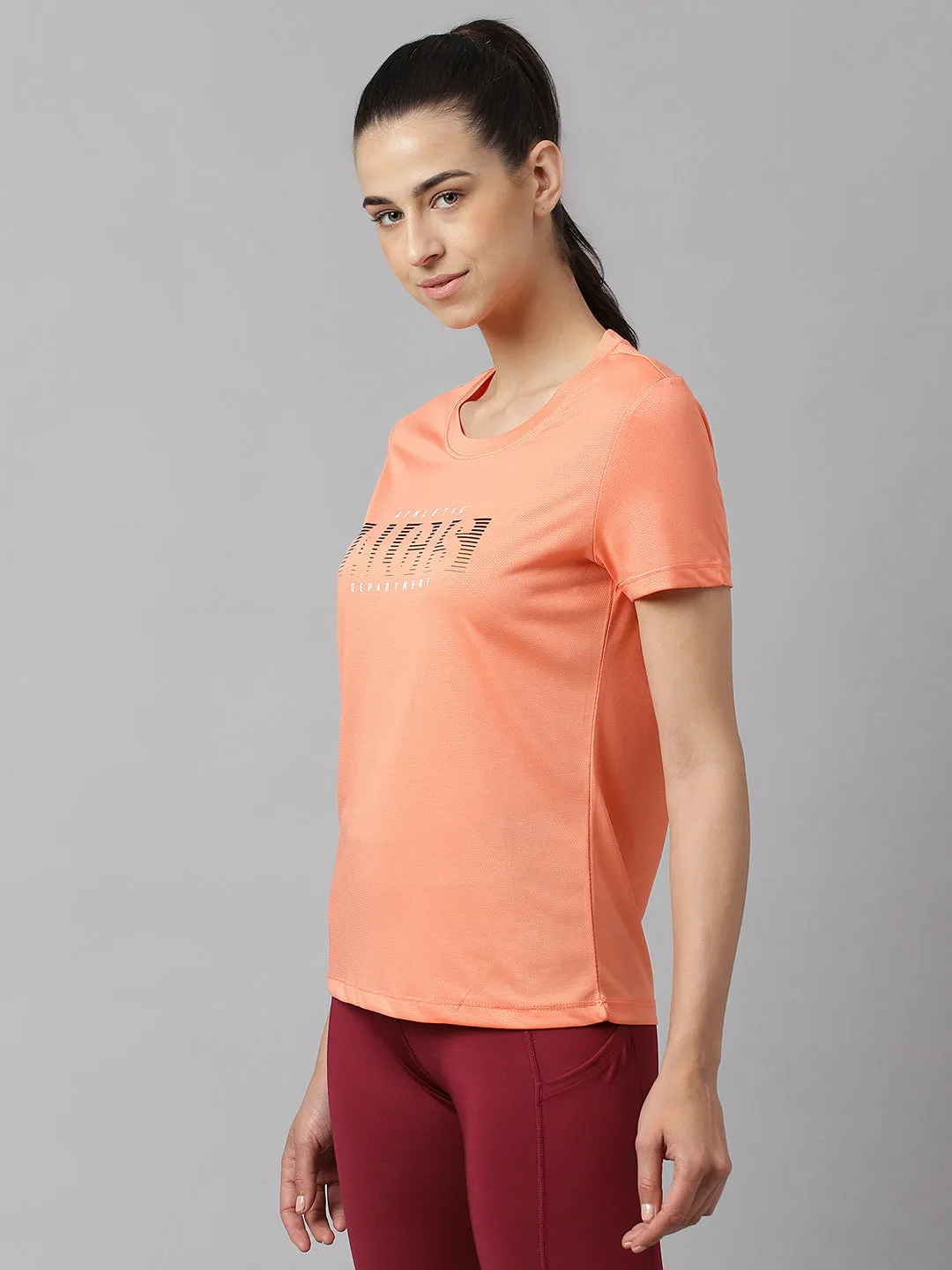 Alcis Women Printed Salmon Anti-Static Slim-Fit Round Neck Training T-Shirt