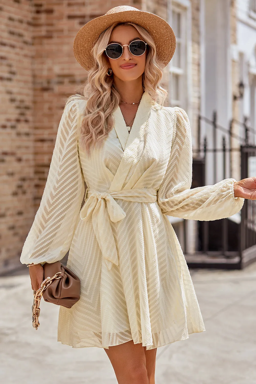 Apricot Chevron Sheer Puff Sleeve Surplice Belted Mini Dress