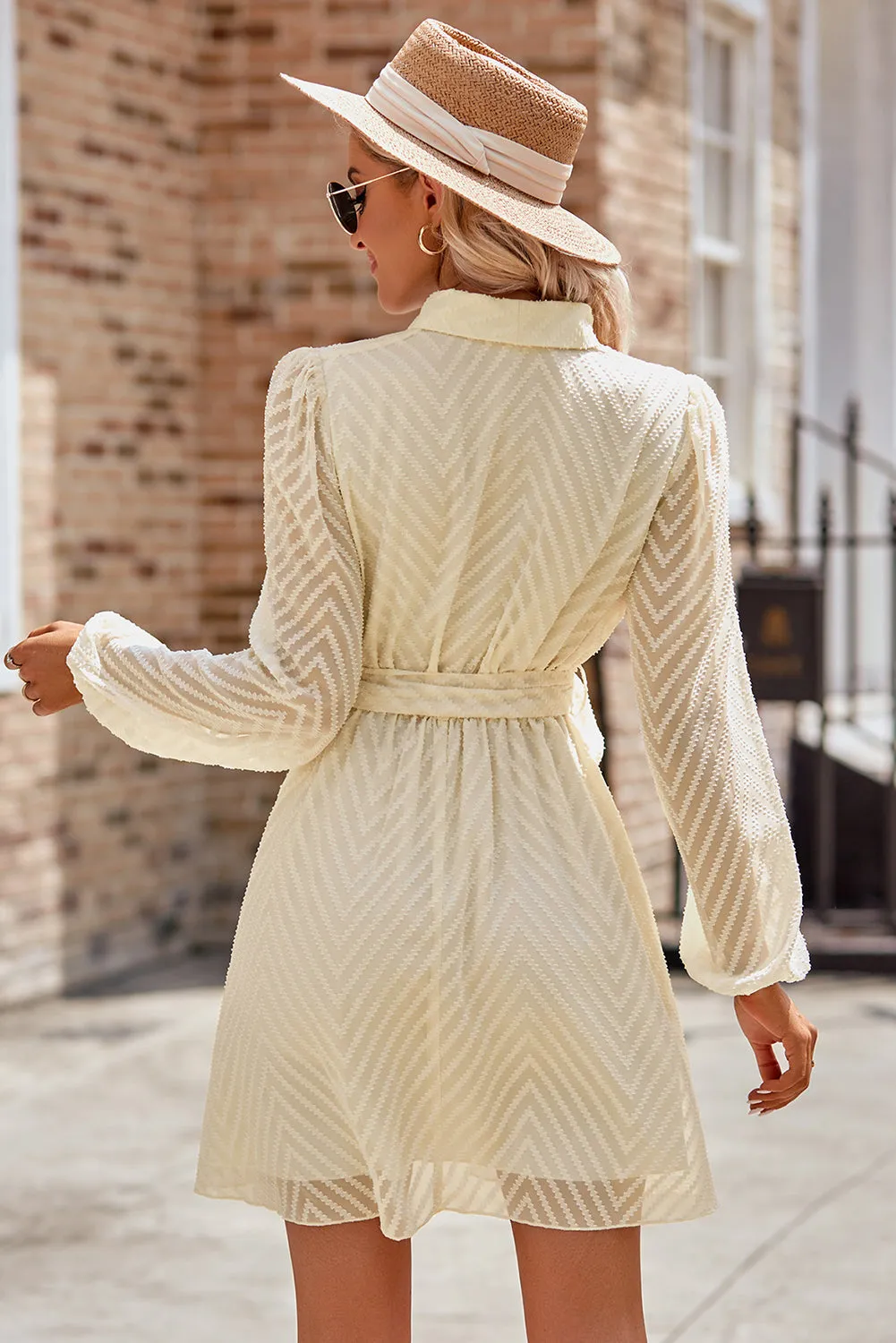 Apricot Chevron Sheer Puff Sleeve Surplice Belted Mini Dress