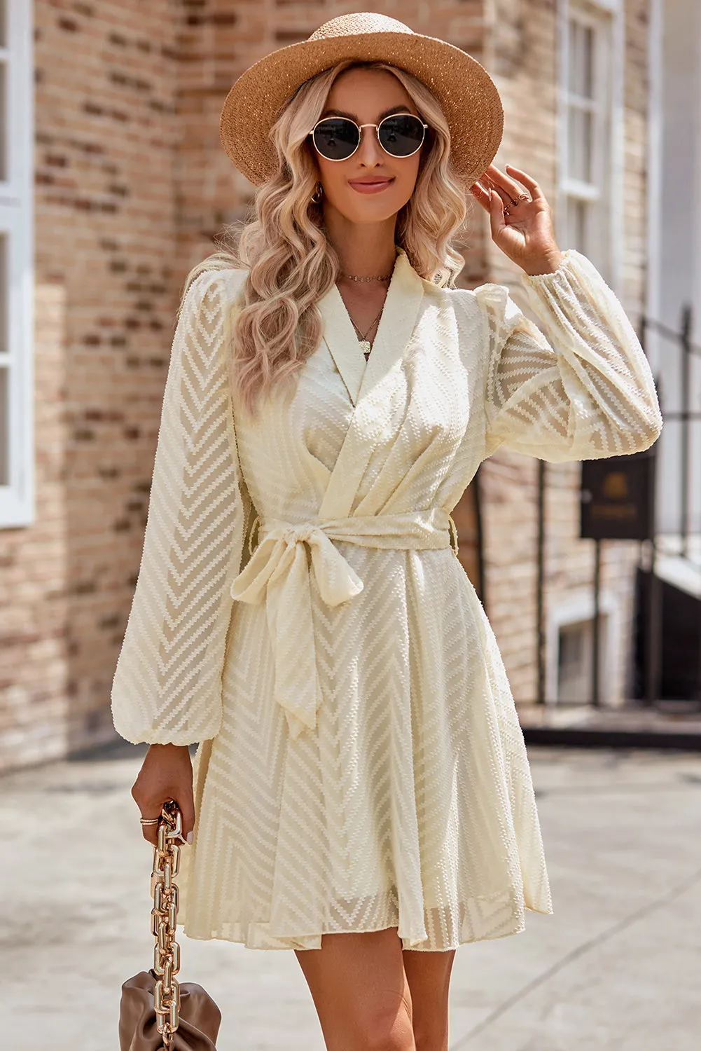 Apricot Chevron Sheer Puff Sleeve Surplice Belted Mini Dress