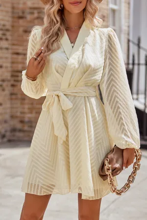 Apricot Chevron Sheer Puff Sleeve Surplice Belted Mini Dress