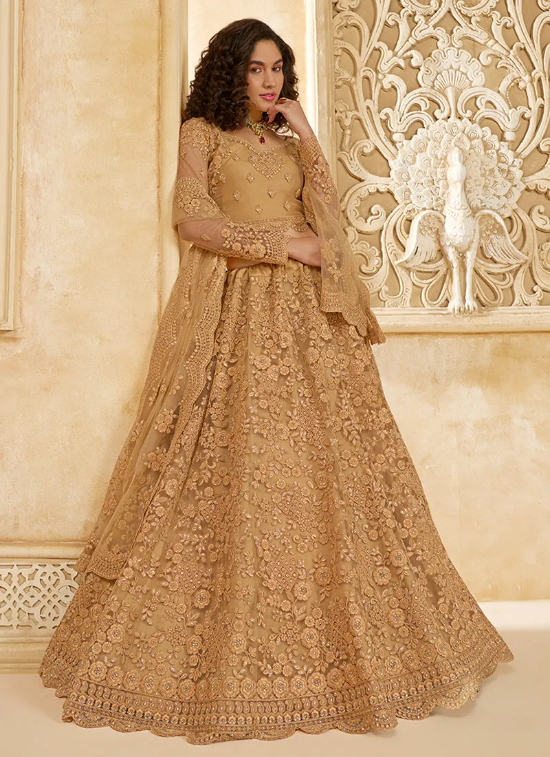 Beige Golden Ombré Thread Embroidery Lehenga Choli With Dupatta