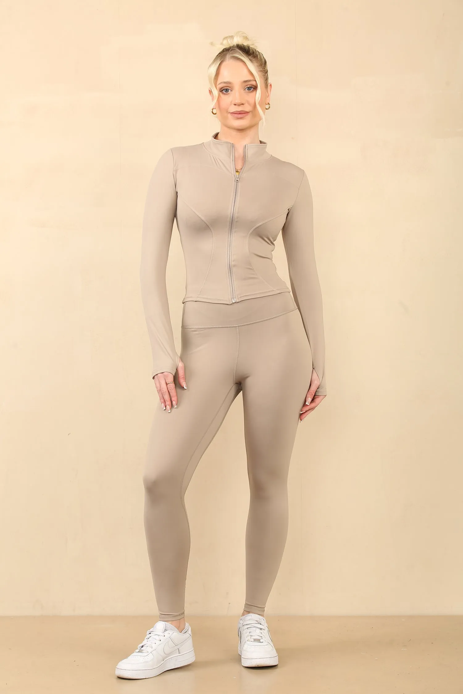 Beige Seamless Zip Up Jacket With Leggings Set