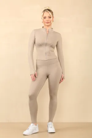 Beige Seamless Zip Up Jacket With Leggings Set