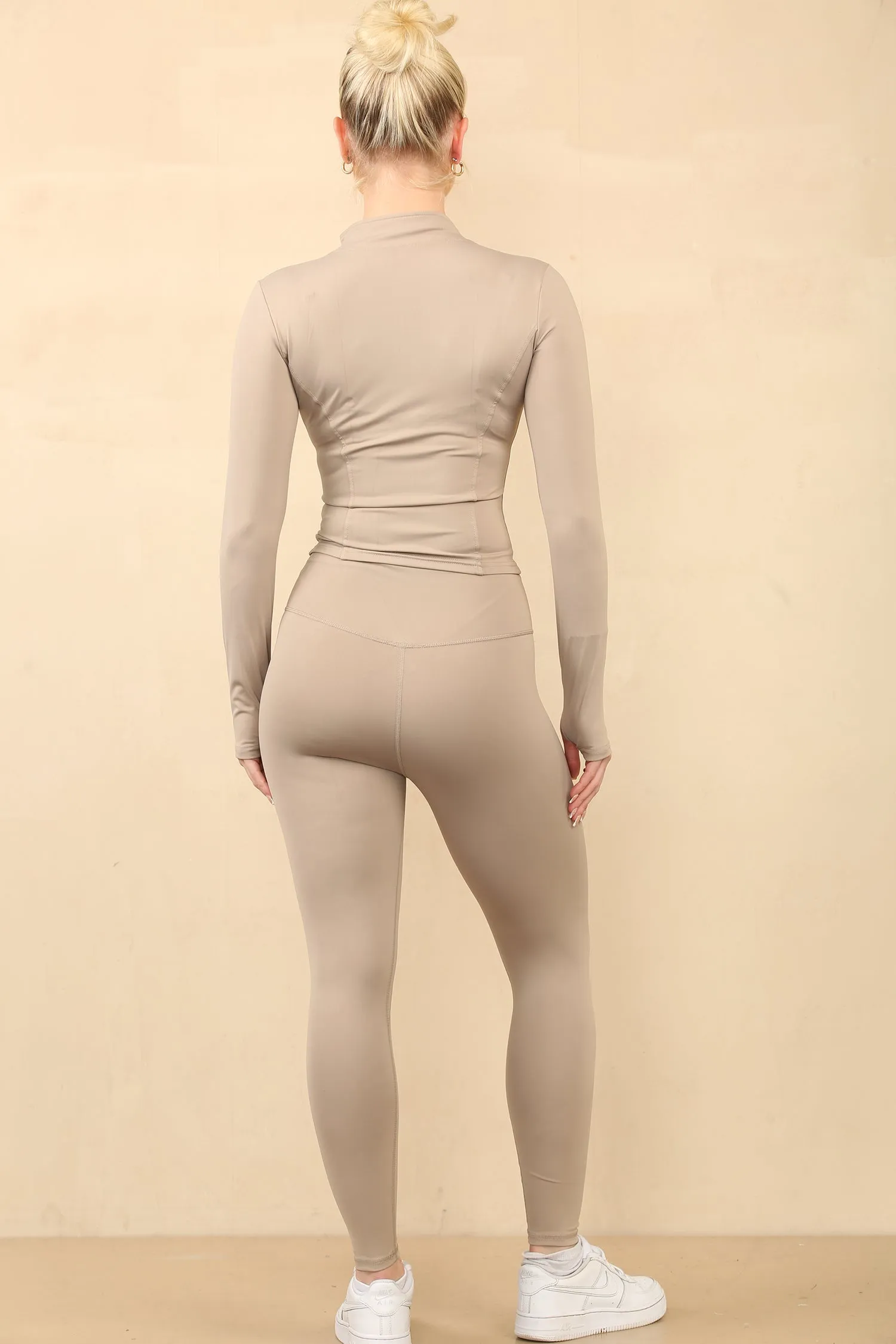 Beige Seamless Zip Up Jacket With Leggings Set