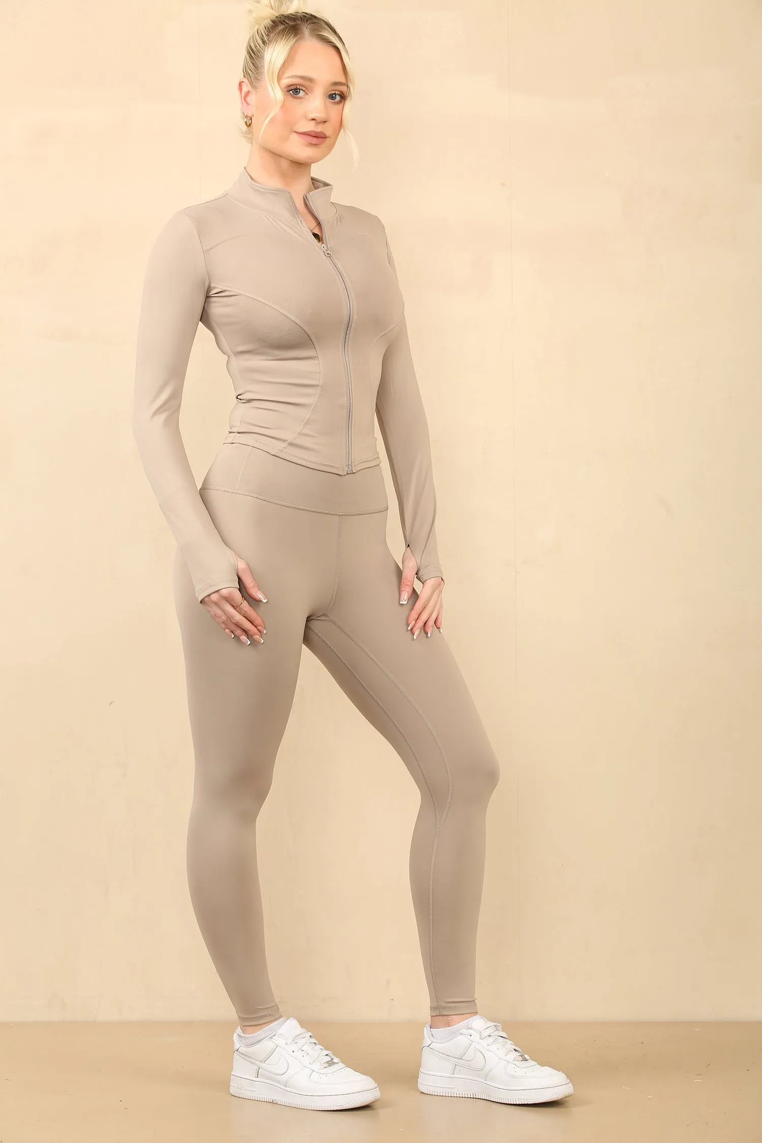 Beige Seamless Zip Up Jacket With Leggings Set