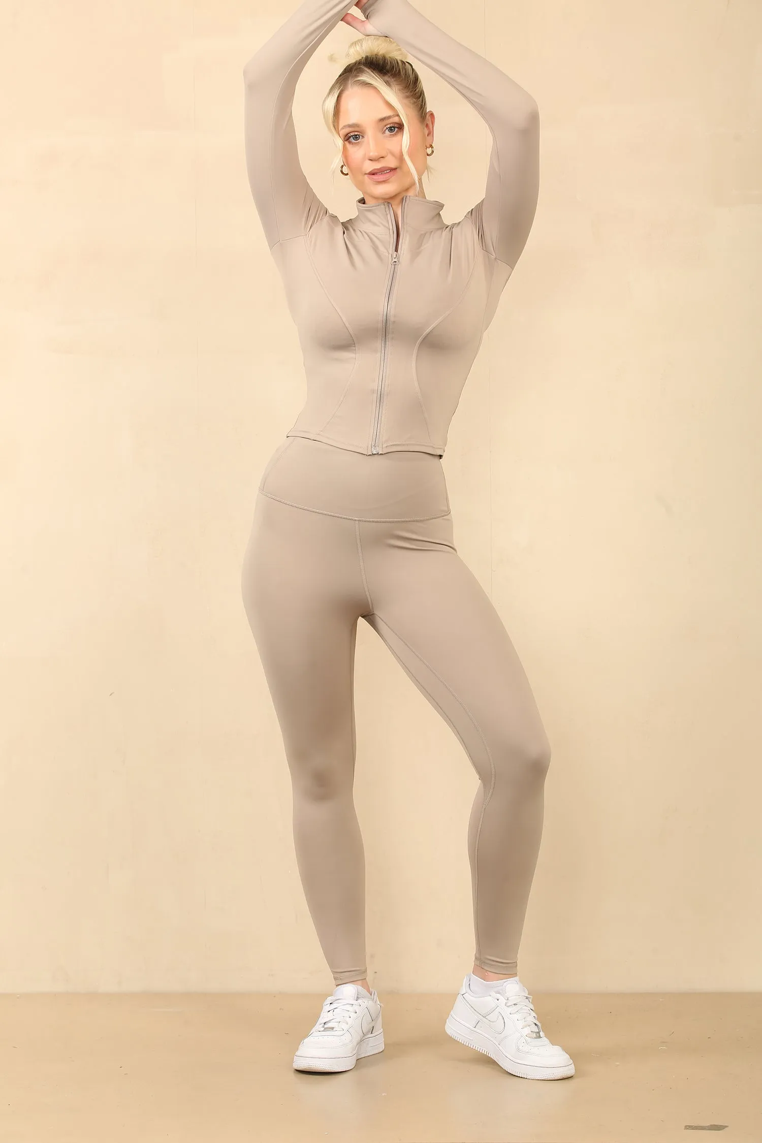 Beige Seamless Zip Up Jacket With Leggings Set