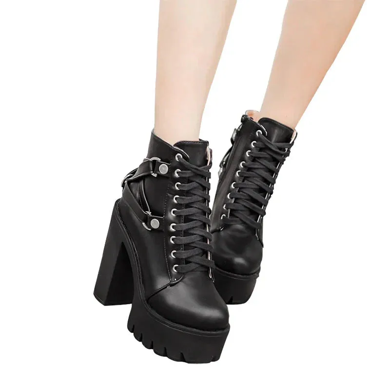 Black Boots Lace-up Soft Leather Platform Shoes