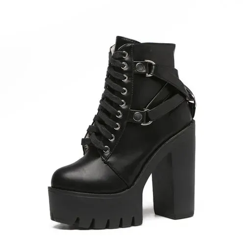 Black Boots Lace-up Soft Leather Platform Shoes