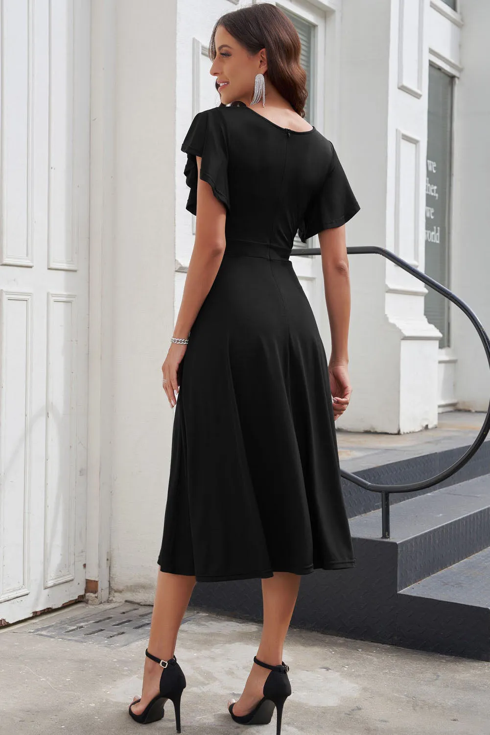 Black Ruffled Sleeve Wrap V Neck Midi Dress