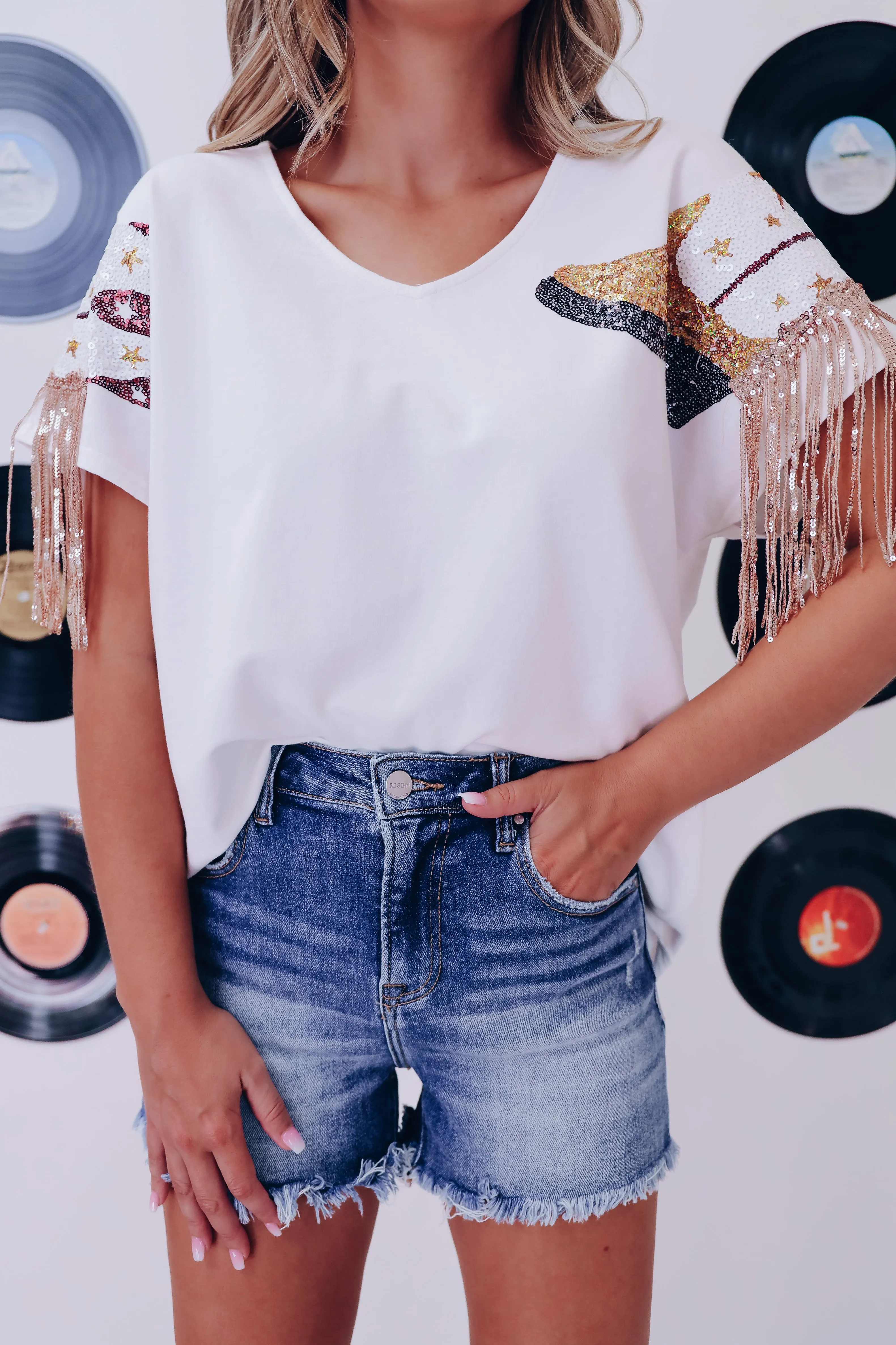 Boots N Bling Fringe Sleeve Top - Ivory