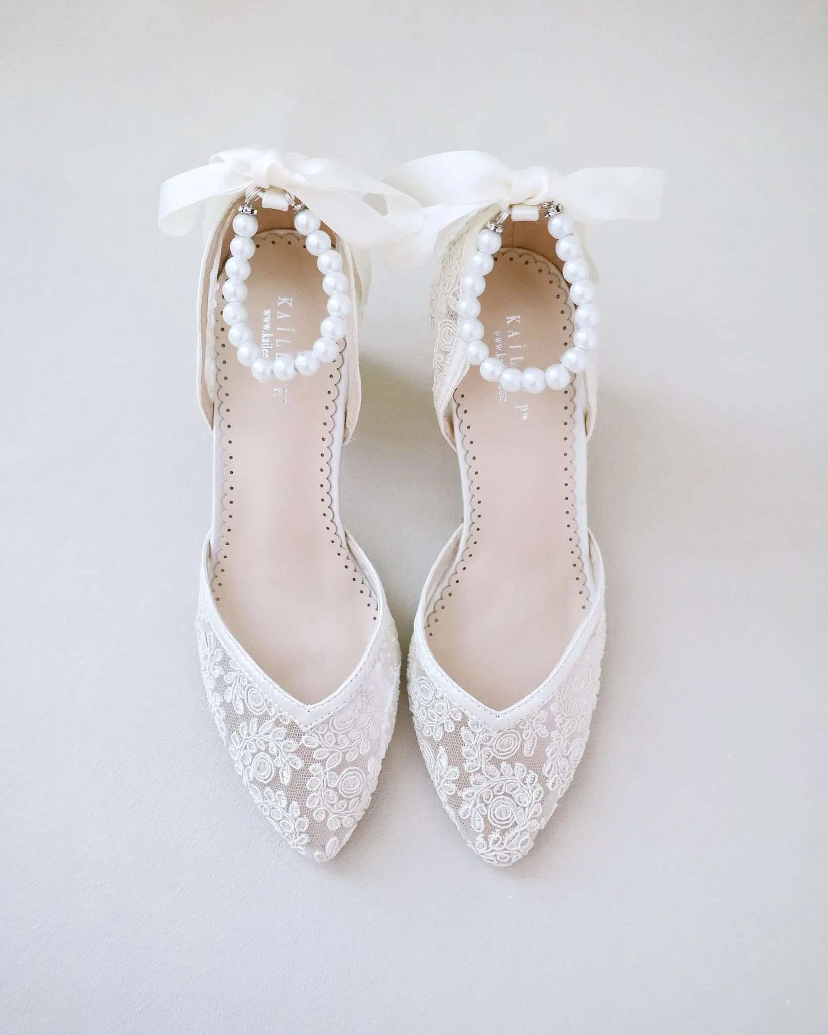 Bridal Lace Block Heel with Pearls Strap