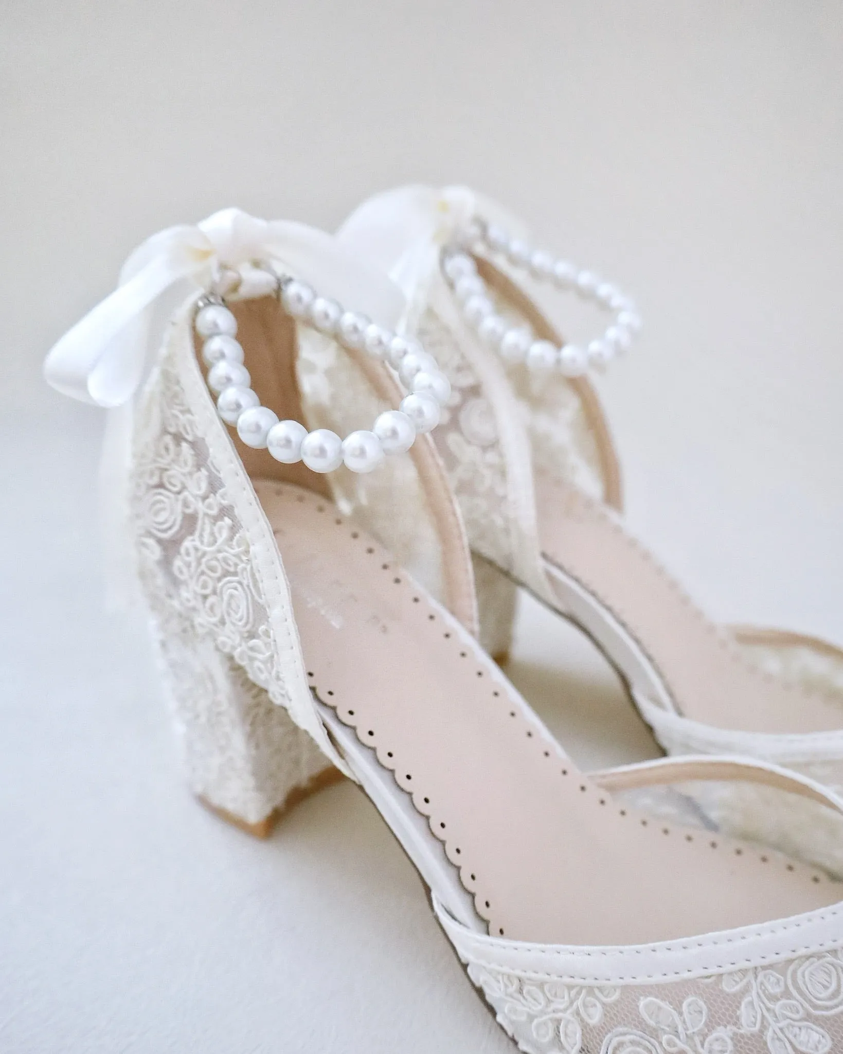 Bridal Lace Block Heel with Pearls Strap