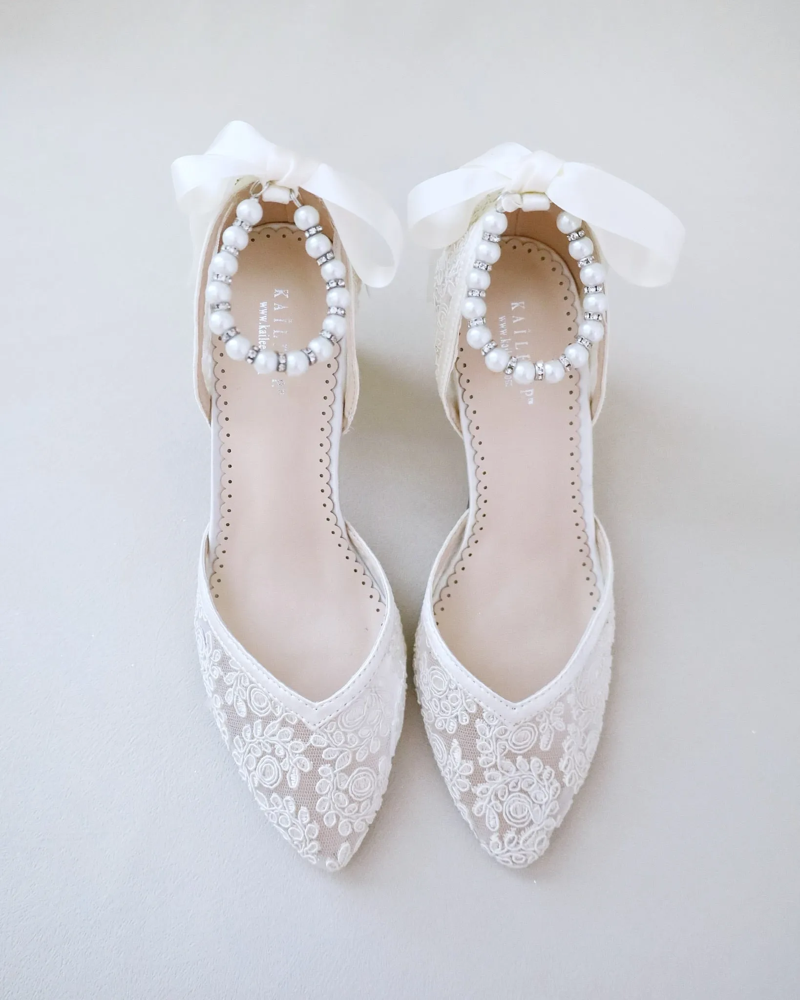 Bridal Lace Block Heel with Pearls Strap