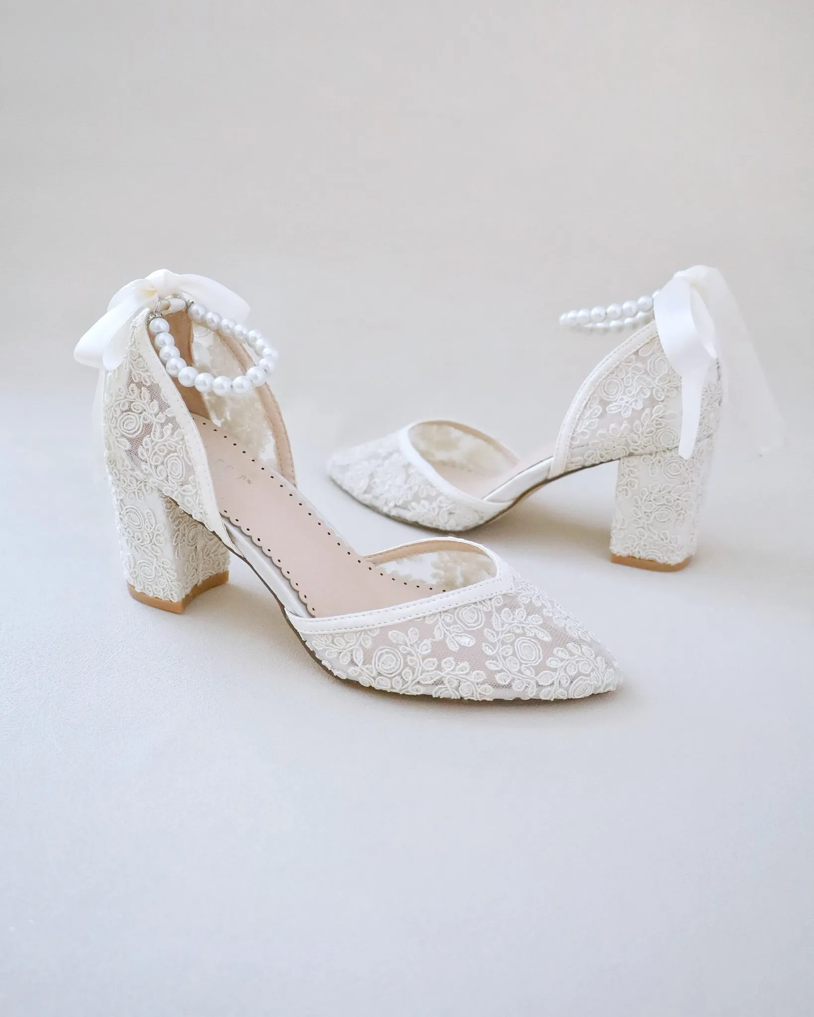 Bridal Lace Block Heel with Pearls Strap