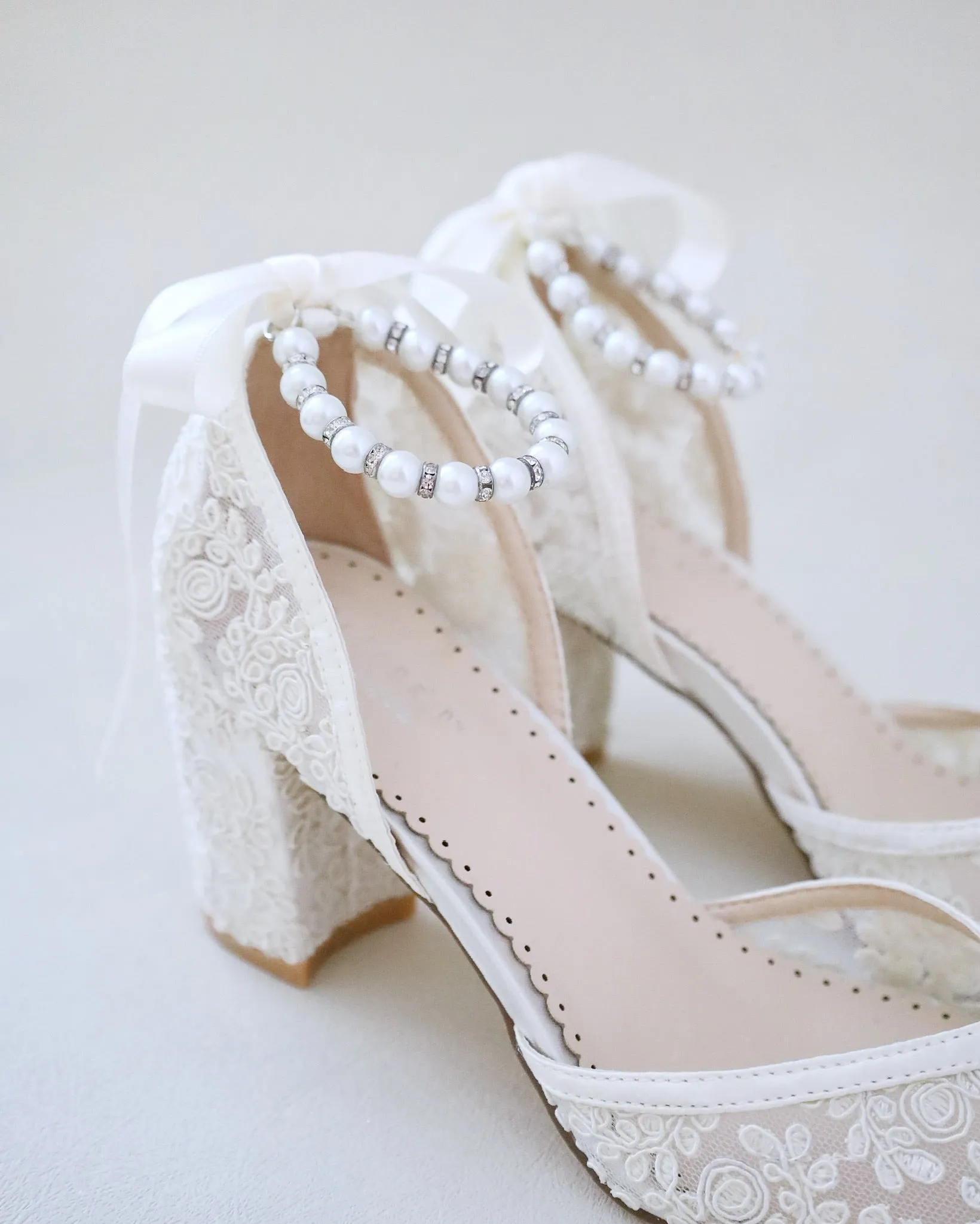 Bridal Lace Block Heel with Pearls Strap