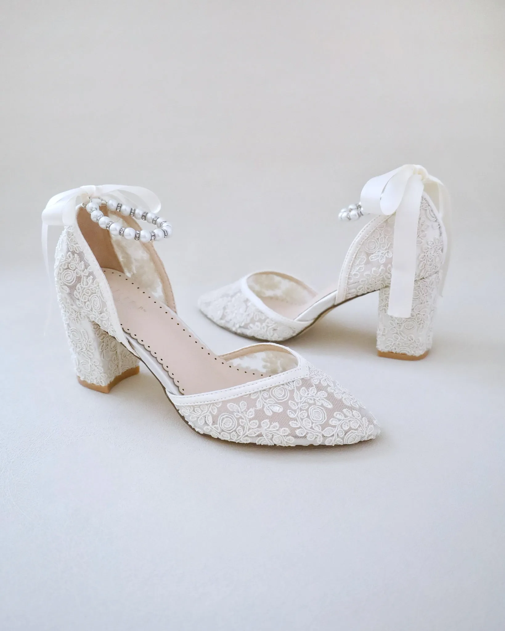 Bridal Lace Block Heel with Pearls Strap