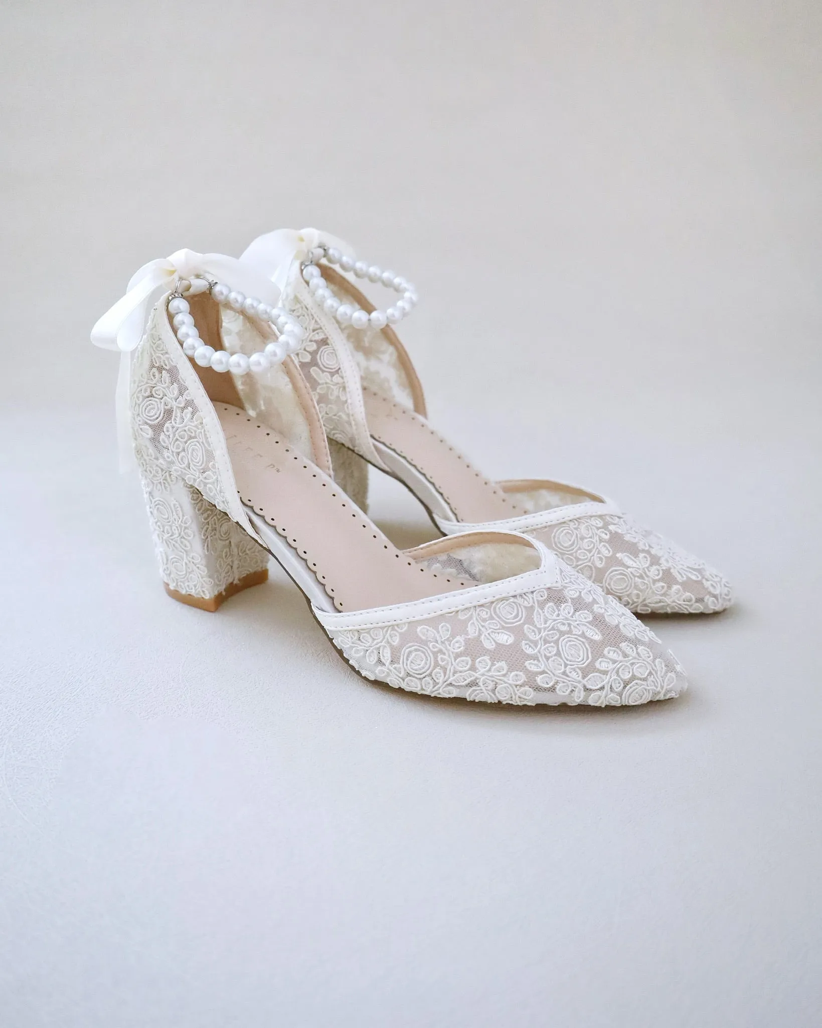 Bridal Lace Block Heel with Pearls Strap
