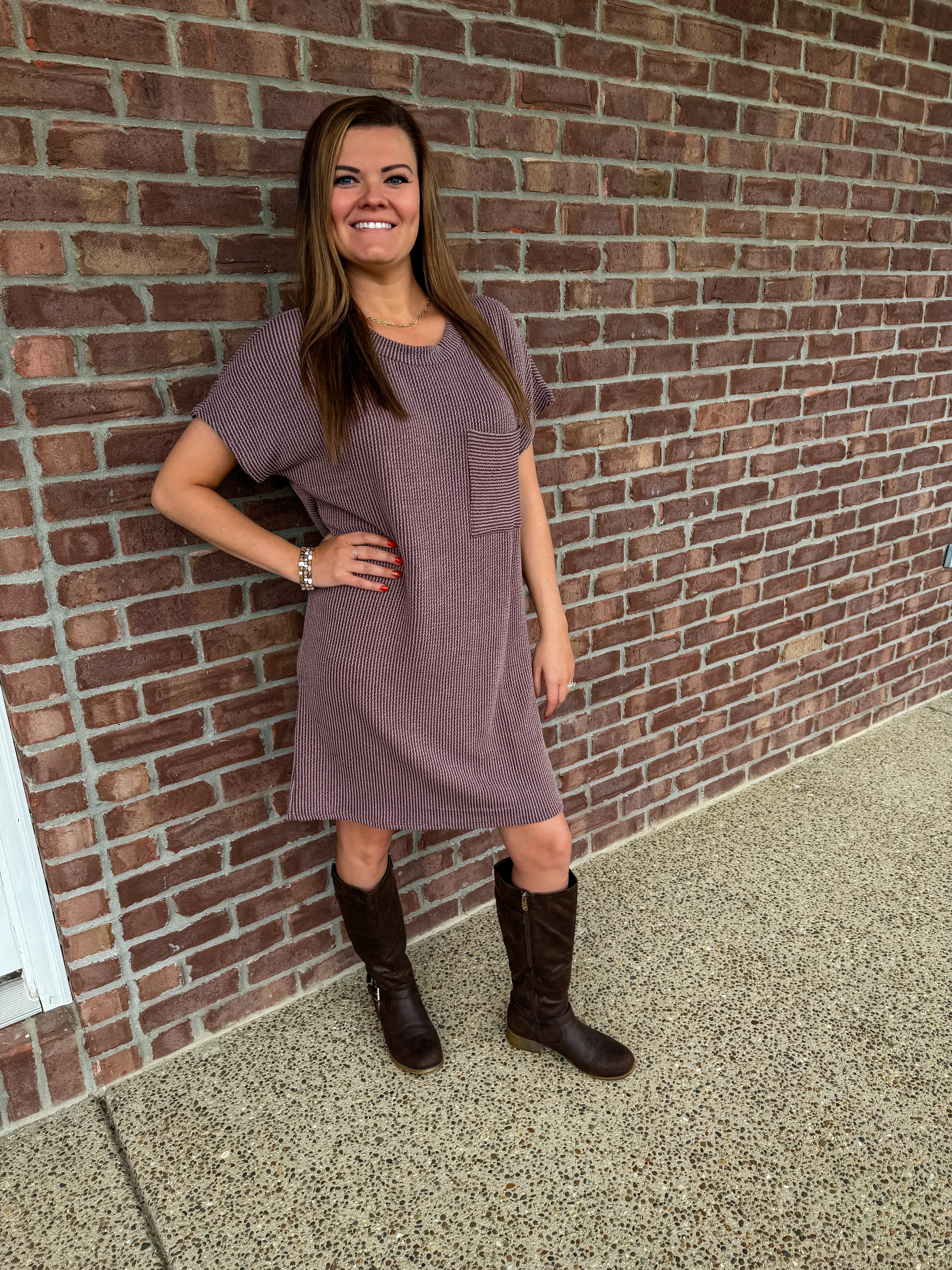 Brown Pocket Charm Ribbed T-Shirt Dress