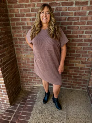 Brown Pocket Charm Ribbed T-Shirt Dress
