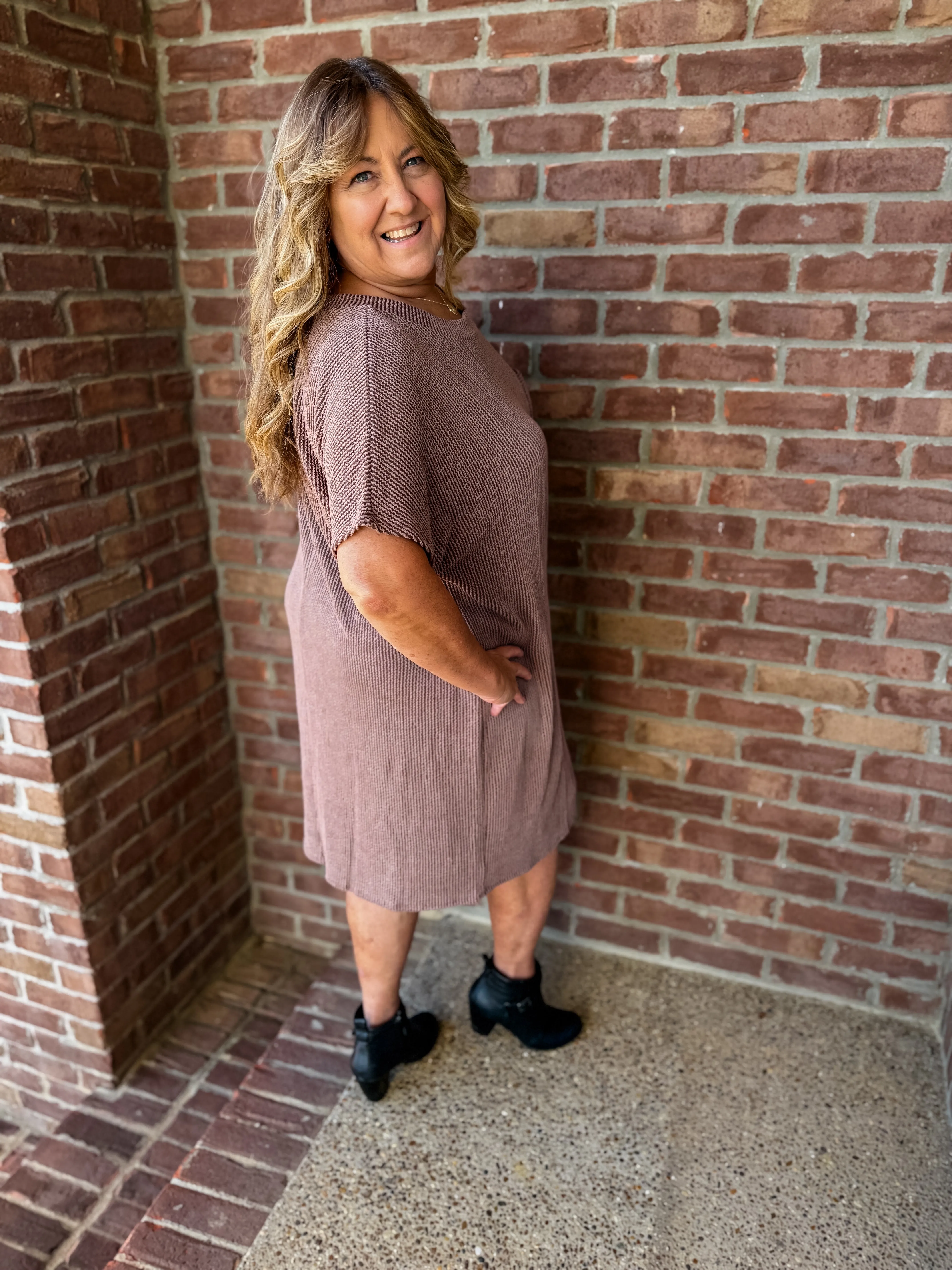 Brown Pocket Charm Ribbed T-Shirt Dress