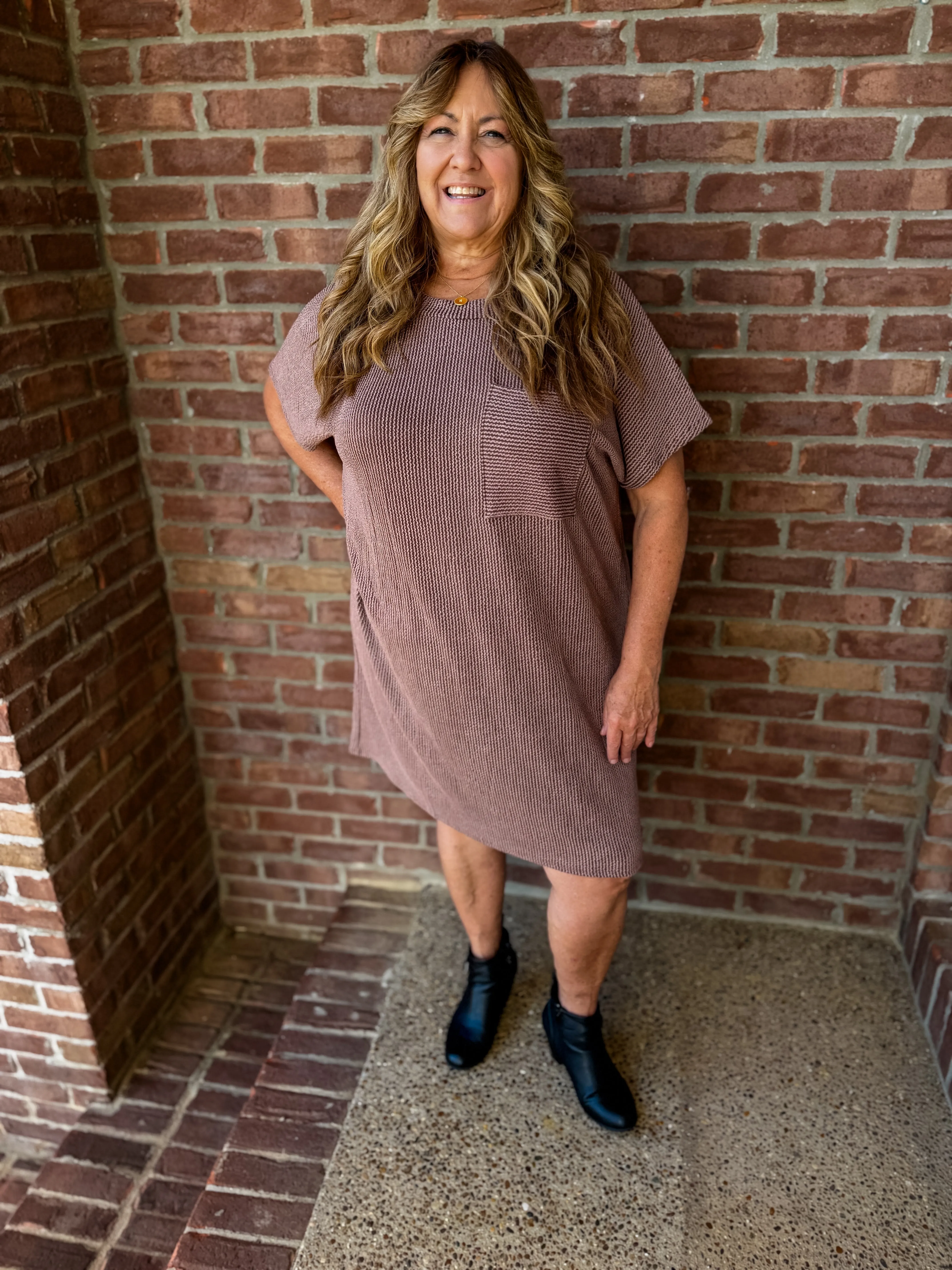 Brown Pocket Charm Ribbed T-Shirt Dress