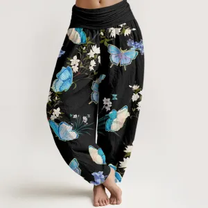 Buddha Stones Casual Butterfly And Flower Pattern Women's Elastic Waist Harem Pants