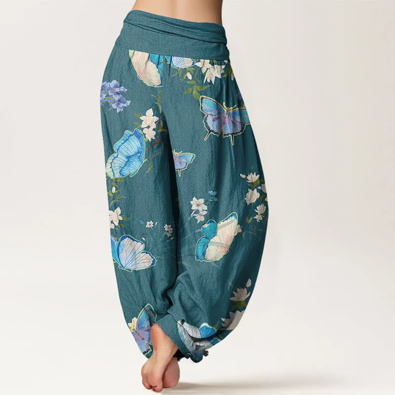 Buddha Stones Casual Butterfly And Flower Pattern Women's Elastic Waist Harem Pants