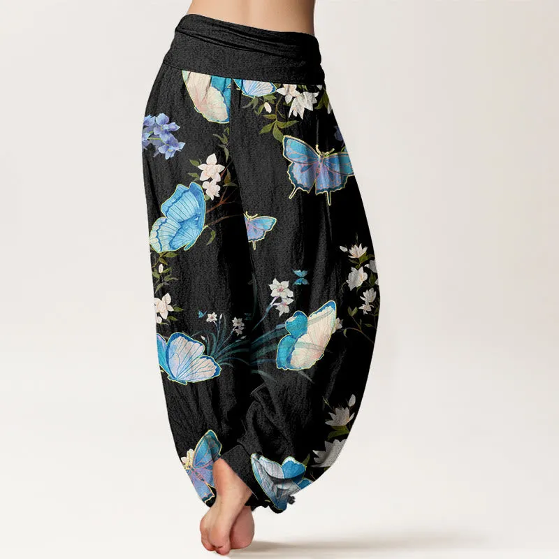 Buddha Stones Casual Butterfly And Flower Pattern Women's Elastic Waist Harem Pants