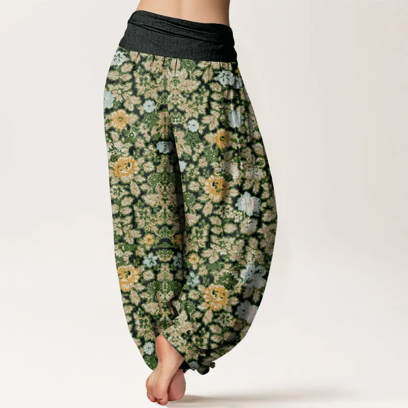 Buddha Stones Casual Colorful Hibiscus Plant Pattern Women's Elastic Waist Harem Pants