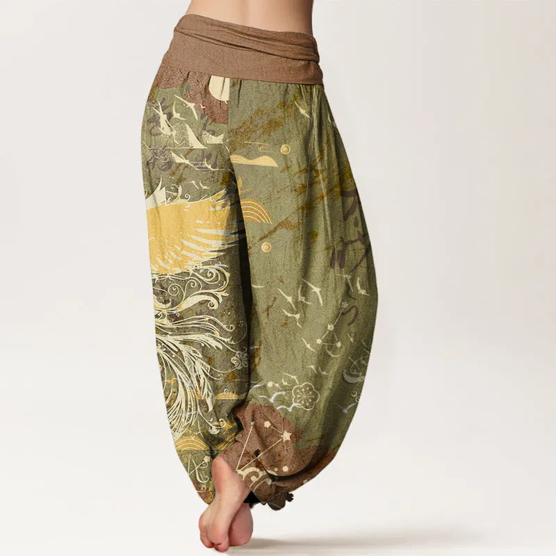 Buddha Stones Casual Phoenix Waves Calligraphy Pattern Women's Elastic Waist Harem Pants