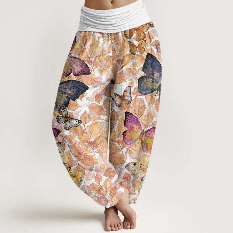 Buddha Stones Casual Vivid Butterfly Dead Leaves Pattern Women's Elastic Waist Harem Pants